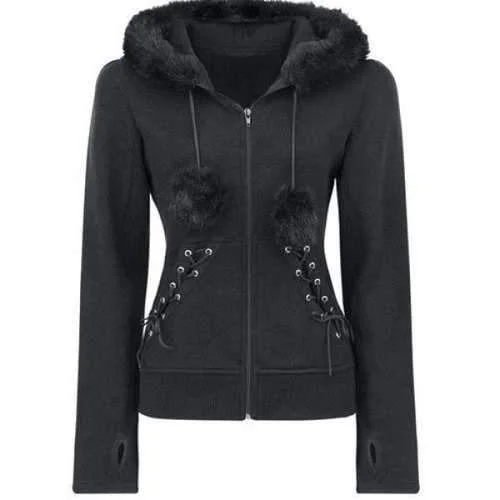 Faux Fur Insert Hooded Pendant Lace-Up Zippered Hoodie - Black M Hoodie with Mock Neck Collared Structured Faux Fur Insert Hooded Pendant Lace-Up Zippered Hoodie - Black M Hoodie with Mock Neck Collared Structured