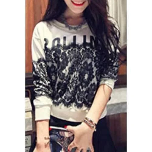 Stylish Scoop Neck Long Sleeve Lace Spliced Letter Pattern Women's Sweatshirt - White Xl Hoodie with Slim Fit Tailored Modern Stylish Scoop Neck Long Sleeve Lace Spliced Letter Pattern Women's Sweatshirt - White Xl Hoodie with Slim Fit Tailored Modern