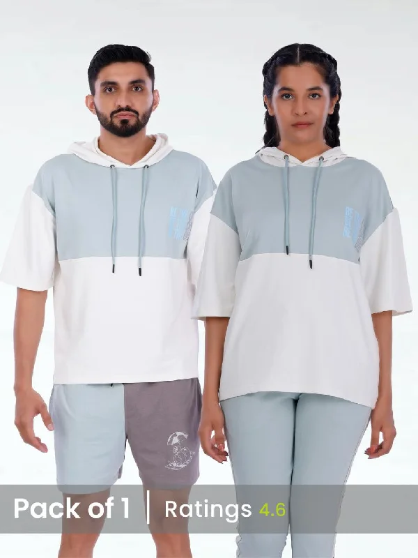 Unisex Blue & White Colourblock Half Sleeve Sweatshirt Hoodie with Illustration Artistic Creative Unisex Blue & White Colourblock Half Sleeve Sweatshirt Hoodie with Illustration Artistic Creative