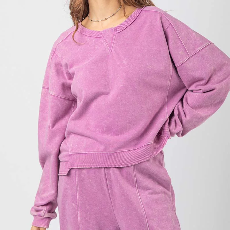 Washed Crewneck Sweatshirt Hoodie with Toggle Buttons Decorative Unique