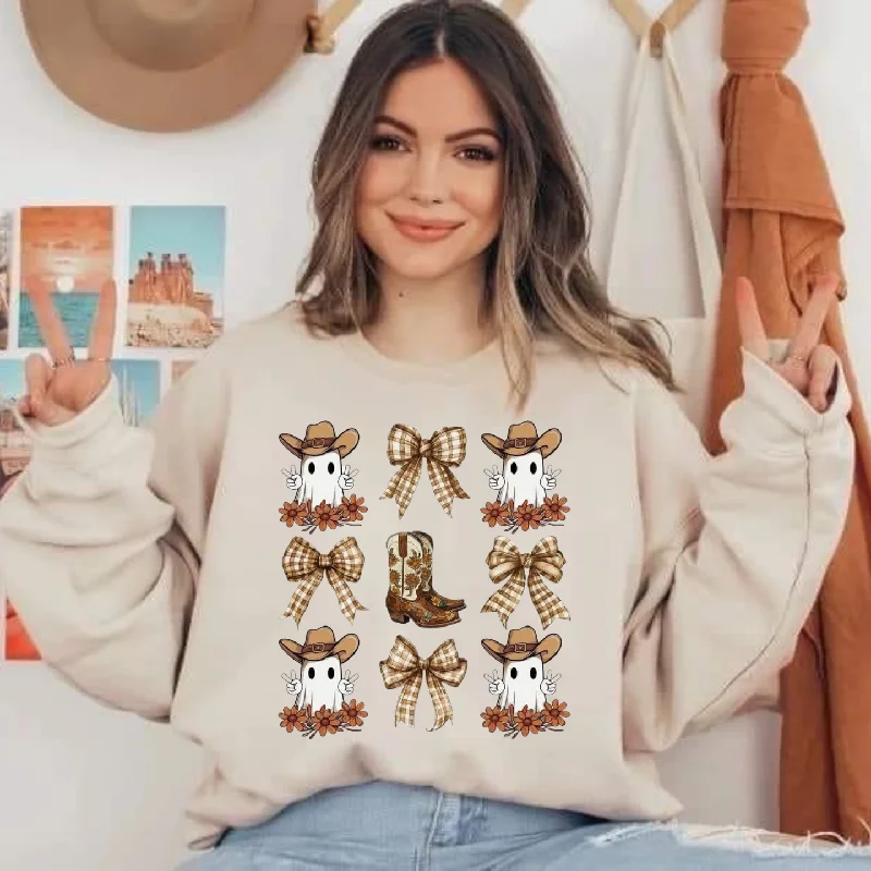 Western Ghost & Bows Sweatshirt Hoodie with High-Low Hem Asymmetrical Trendy