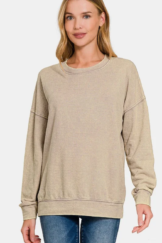 Zenana Washed Round Neck Dropped Shoulder Sweatshirt Hoodie with Distressed Vintage Worn Zenana Washed Round Neck Dropped Shoulder Sweatshirt Hoodie with Distressed Vintage Worn