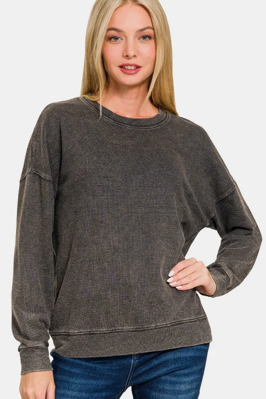 Zenana Washed Round Neck Dropped Shoulder Sweatshirt Hoodie with Button Placket Classic Preppy Zenana Washed Round Neck Dropped Shoulder Sweatshirt Hoodie with Button Placket Classic Preppy