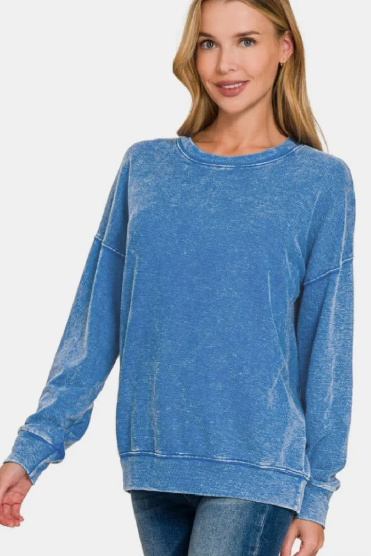 Zenana Washed Round Neck Dropped Shoulder Sweatshirt Hoodie with Neon Bright Vibrant Zenana Washed Round Neck Dropped Shoulder Sweatshirt Hoodie with Neon Bright Vibrant